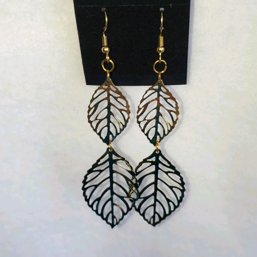 Womens gold leaf dangle earrings